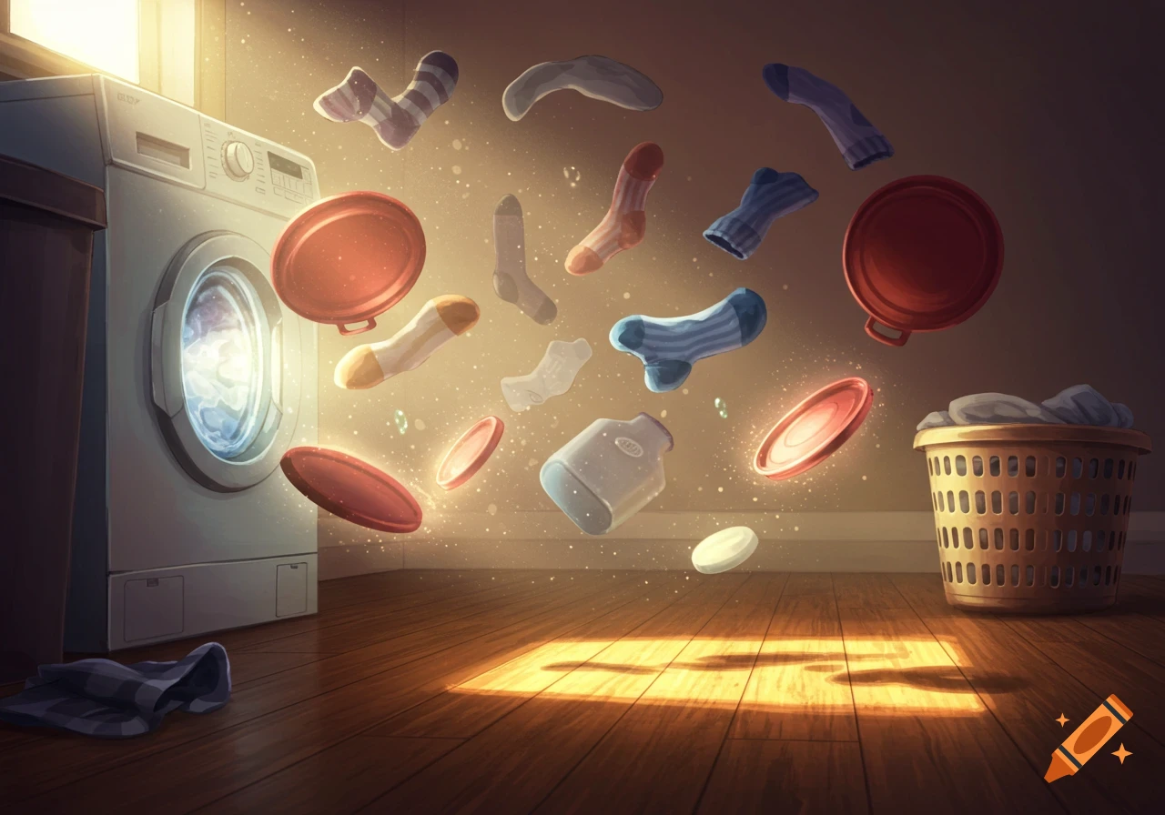 Socks and Tupperware lids float magically from a washing machine towards a laundry basket in a glowing room.