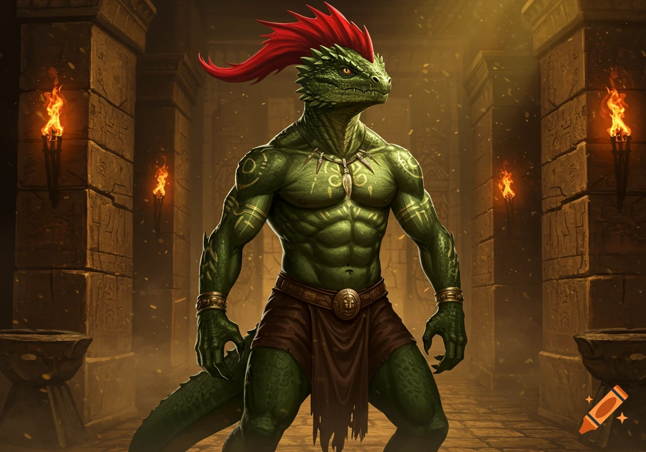 A muscular green lizardman with a red mohawk-like headpiece stands in an ancient stone temple lit by torches.