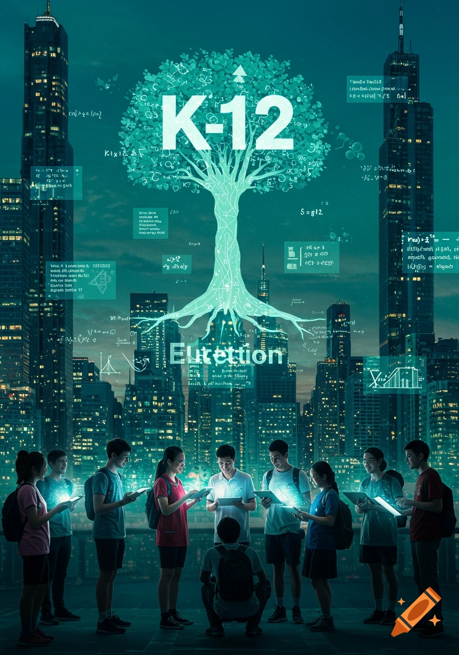 A vibrant, teal-toned image depicts a glowing tree with 'K-12' and mathematical symbols above a group of diverse students looking at tablets, set against a futuristic cityscape.