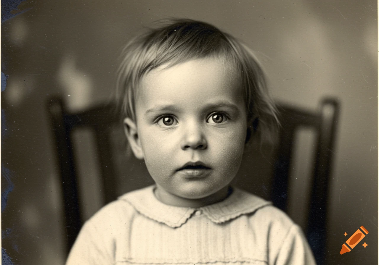 Black and white vintage portrait of a young child with short hair, wearing a collared shirt, sitting in front of a blurred background.