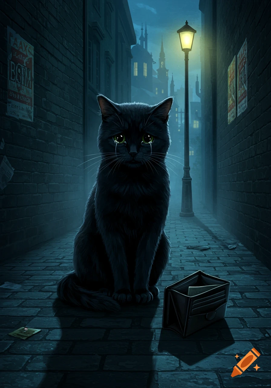 A crying black cat sits on a dark, wet cobblestone alley with an empty wallet beside it, under a glowing streetlamp.