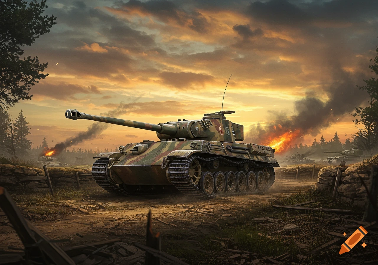 A camouflaged tank on a battlefield at sunset with explosions and smoke in the background, other tanks visible in the distance.