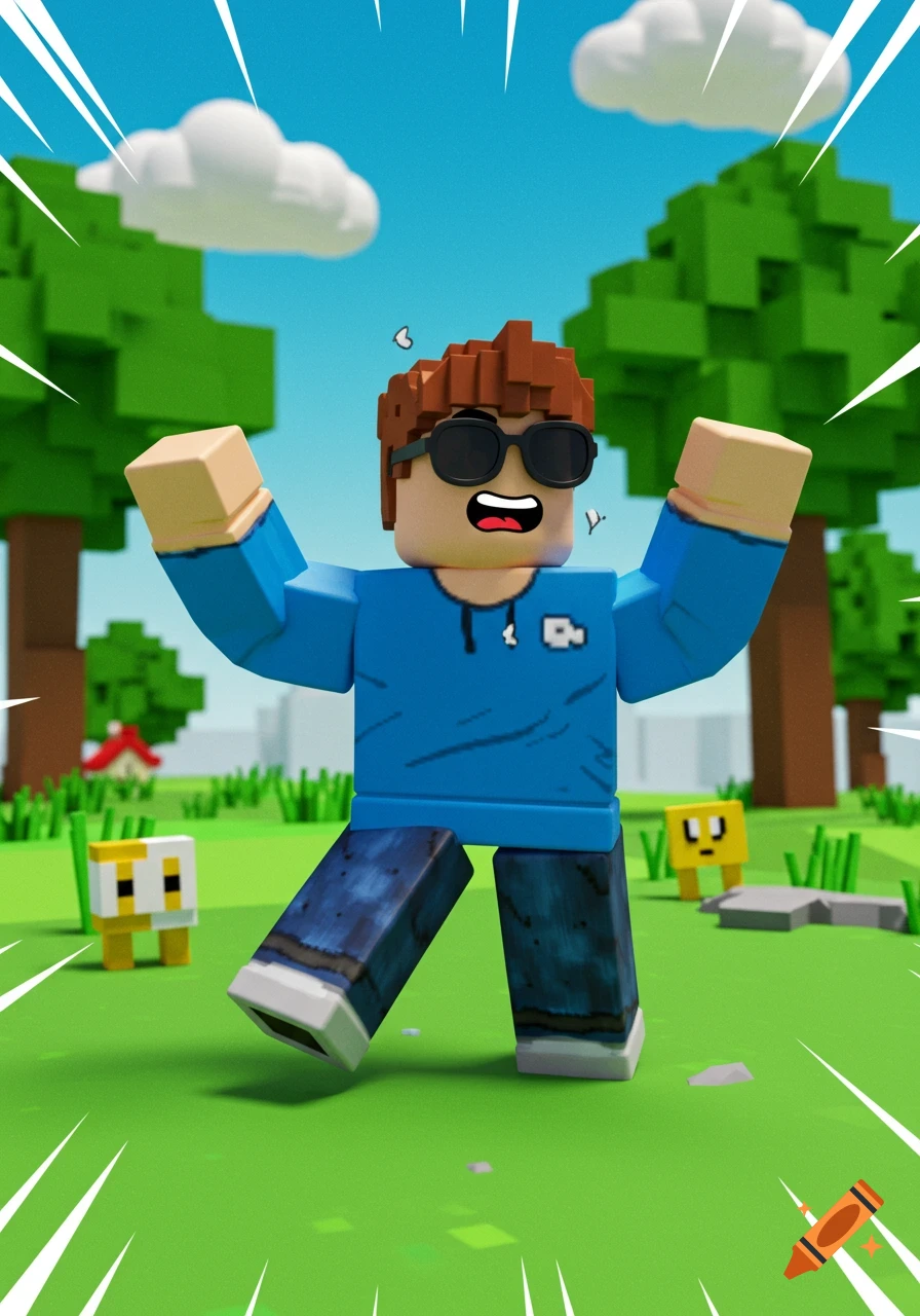 A blocky 3D cartoon character similar to a Roblox avatar, wearing sunglasses and a blue shirt, stands shocked in a green field with small blocky creatures.