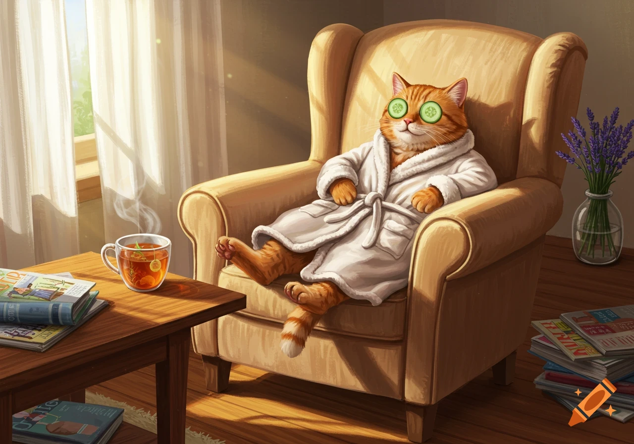 An orange cat in a white bathrobe with cucumber slices on its eyes relaxes in a cozy armchair by a sunlit window, with a steaming cup of tea nearby.