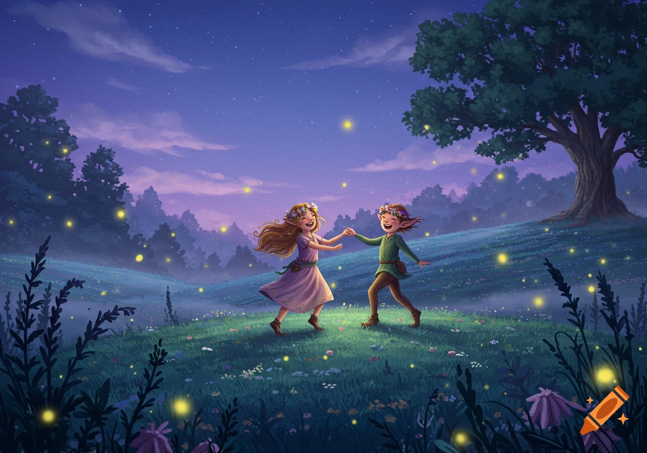 Two happy elves with flower crowns dance in a moonlit field with fireflies and flowers, surrounded by trees under a starry sky.