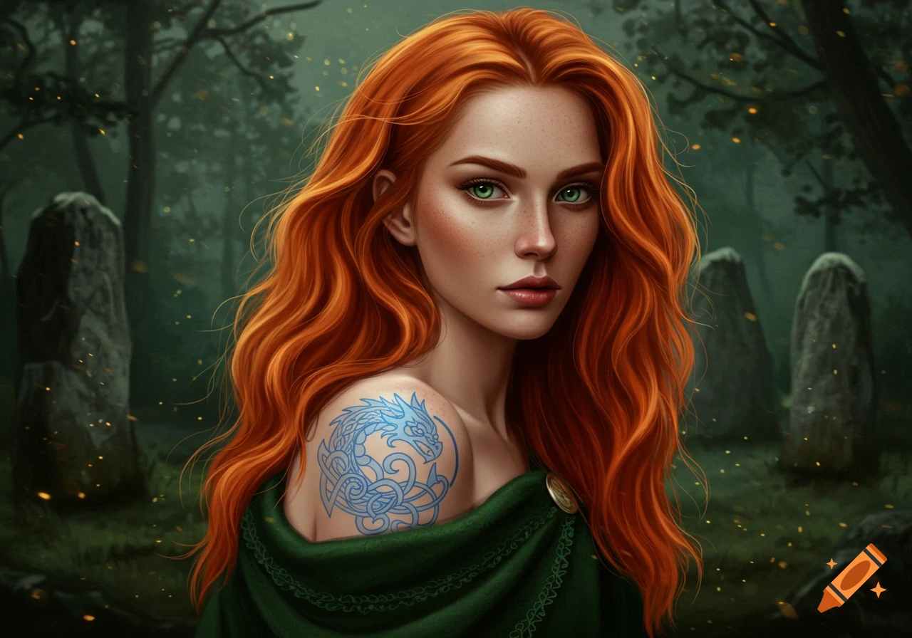 A red-headed woman with green eyes and a Celtic dragon shoulder tattoo stands in a mystical forest with stone monoliths.
