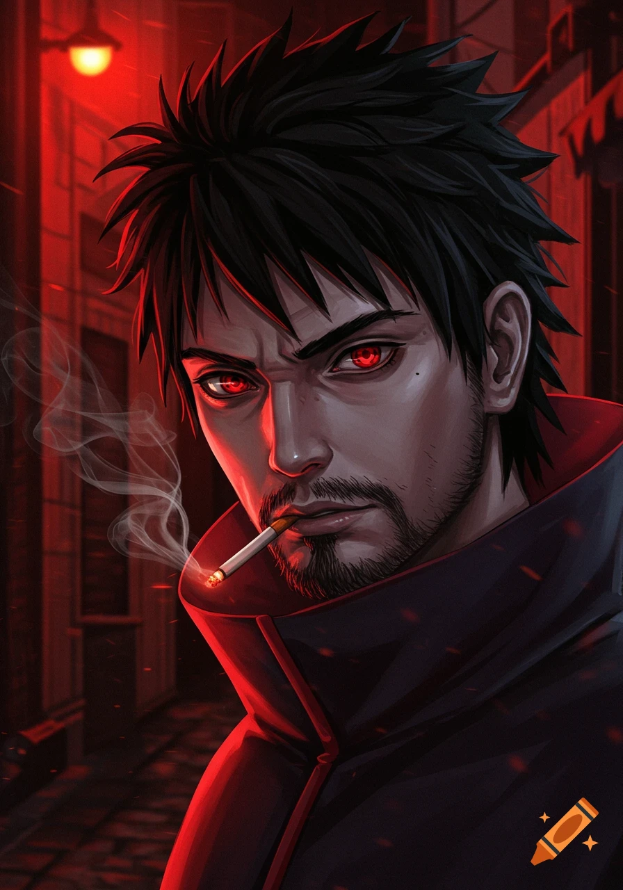 A brooding anime character with black hair, red glowing eyes, and a goatee, smoking a cigarette in a dark alley with red lighting.