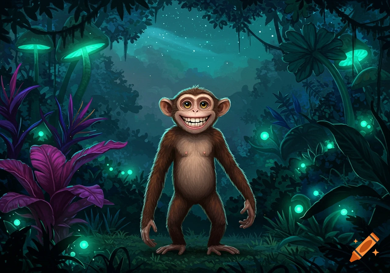 Smiling chimpanzee with human teeth in a mystical, dark jungle with glowing turquoise plants and mushrooms, illustration.