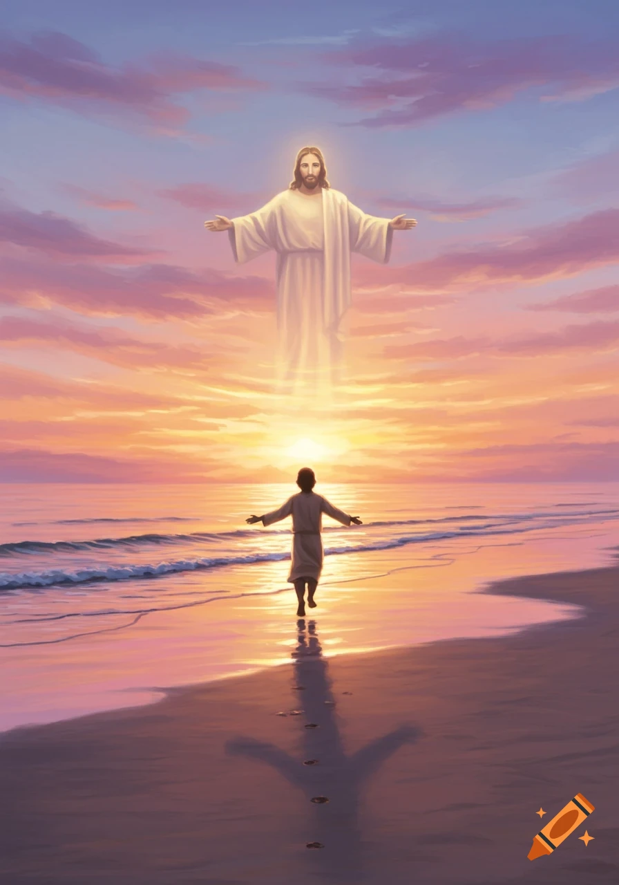 A person on a beach runs towards a luminous figure of Jesus floating in a vibrant sunrise sky.