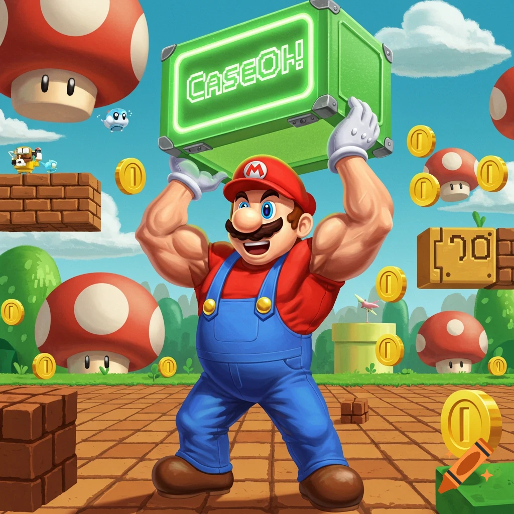 Buff Mario lifts a glowing green case labeled 'CASEOH!' in a bright Super Mario Bros. video game landscape with coins and mushrooms.