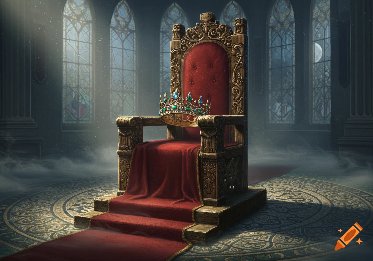 A jeweled crown rests on a majestic red velvet throne in a grand, dimly lit castle hall with stained-glass windows.