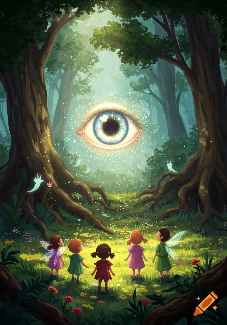 Five young children stand in a magical forest clearing, looking up at a glowing, fantastical eye floating in the center.