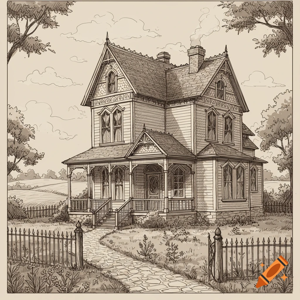 Sepia-toned sketch of a Victorian farmhouse with a porch, chimney, and picket fence, surrounded by trees and fields.