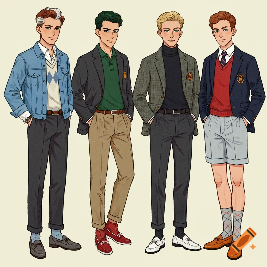 Four cartoon teenage boys in various preppy outfits, standing in a line on a light background.