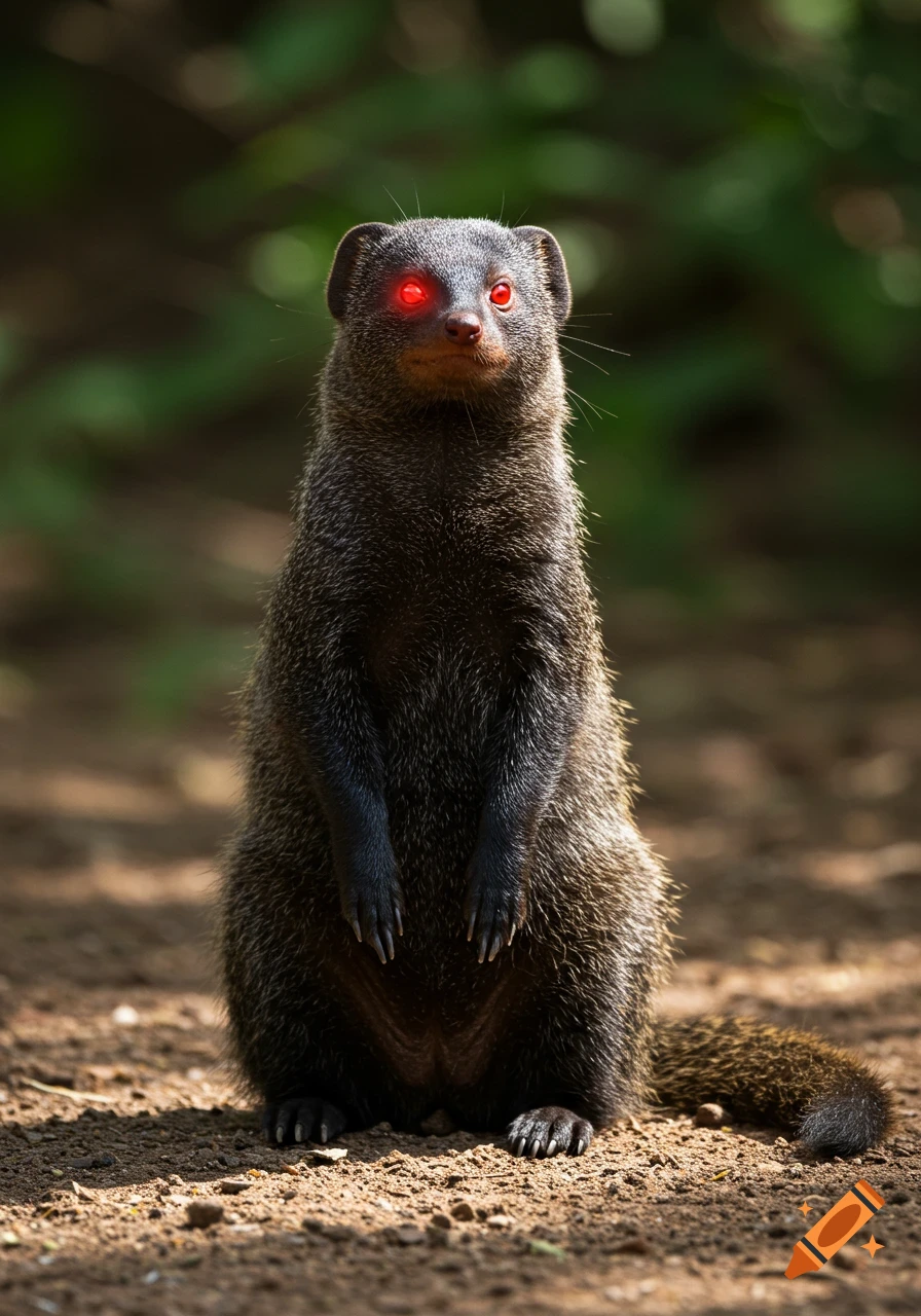 A photorealistic close-up of a mongoose with glowing red eyes, sitting upright on a dirt ground with a blurred green background.