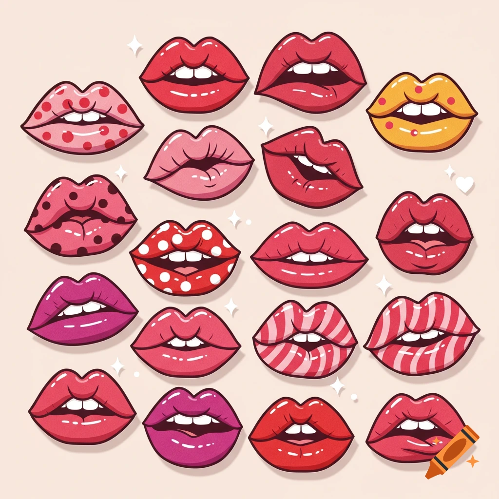A grid of colorful, stylized lip icons with various patterns like polka dots and stripes, some open showing teeth.