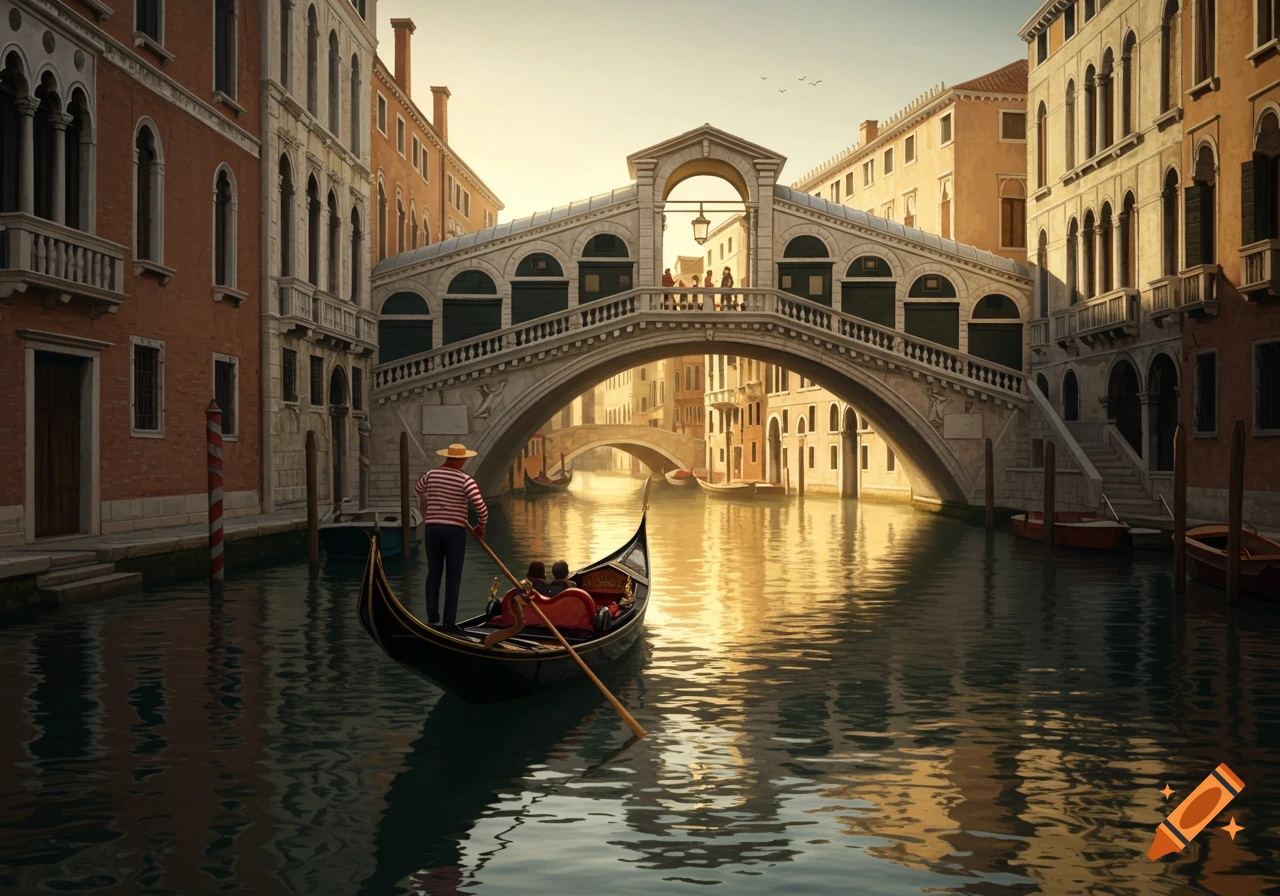 A gondola with a gondolier and passengers floats on a golden-lit canal in Venice, passing under a grand stone bridge, with historic buildings lining the banks.