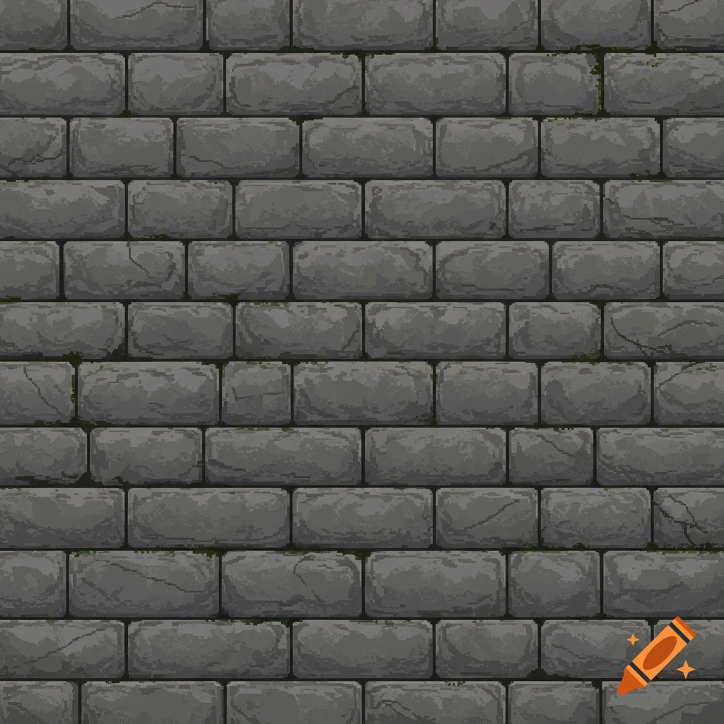 Seamless pixel art texture of a gray stone brick wall with subtle cracks and moss.
