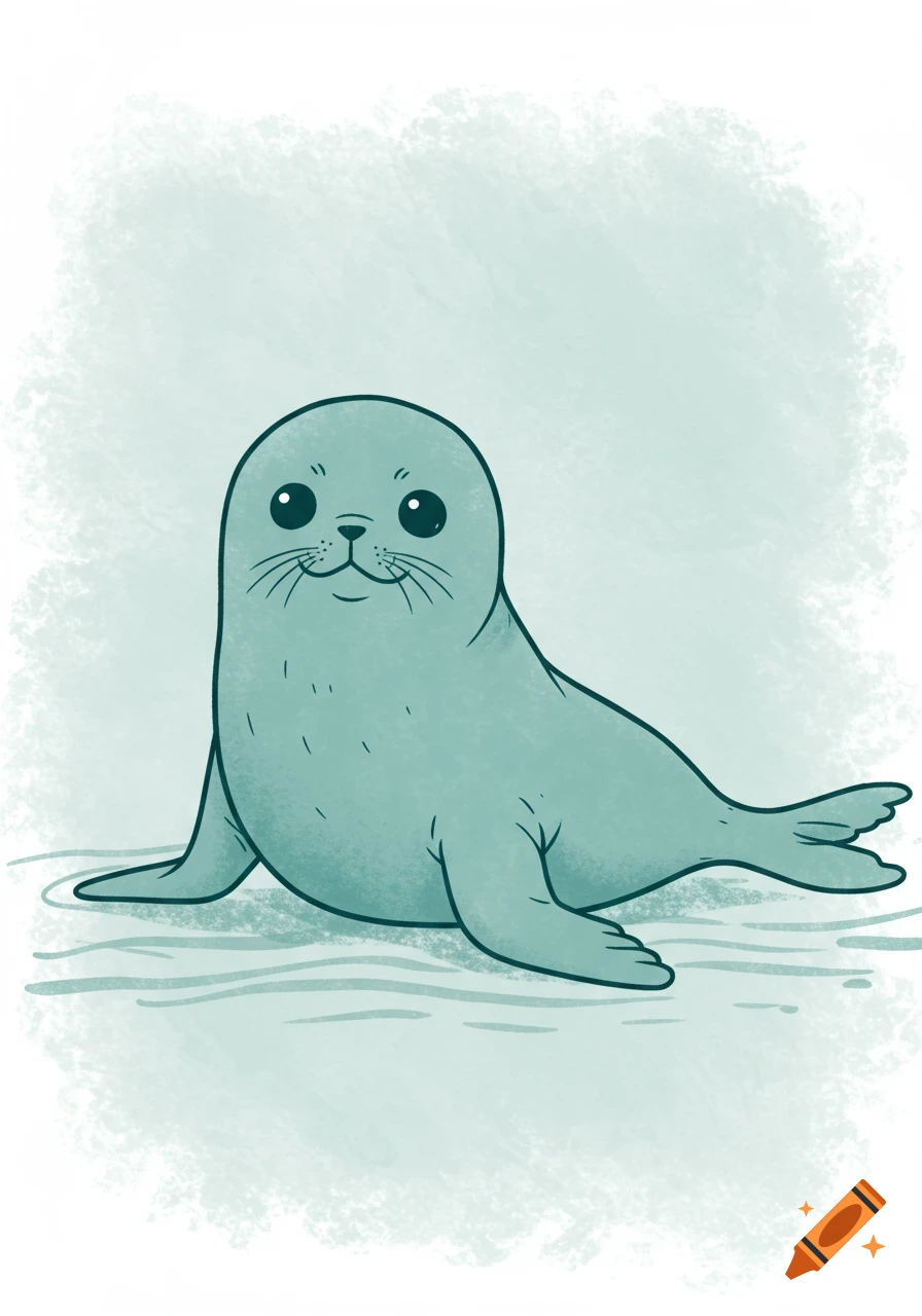 A cute, smiling cartoon seal with big eyes sits on a light blue and white textured surface.