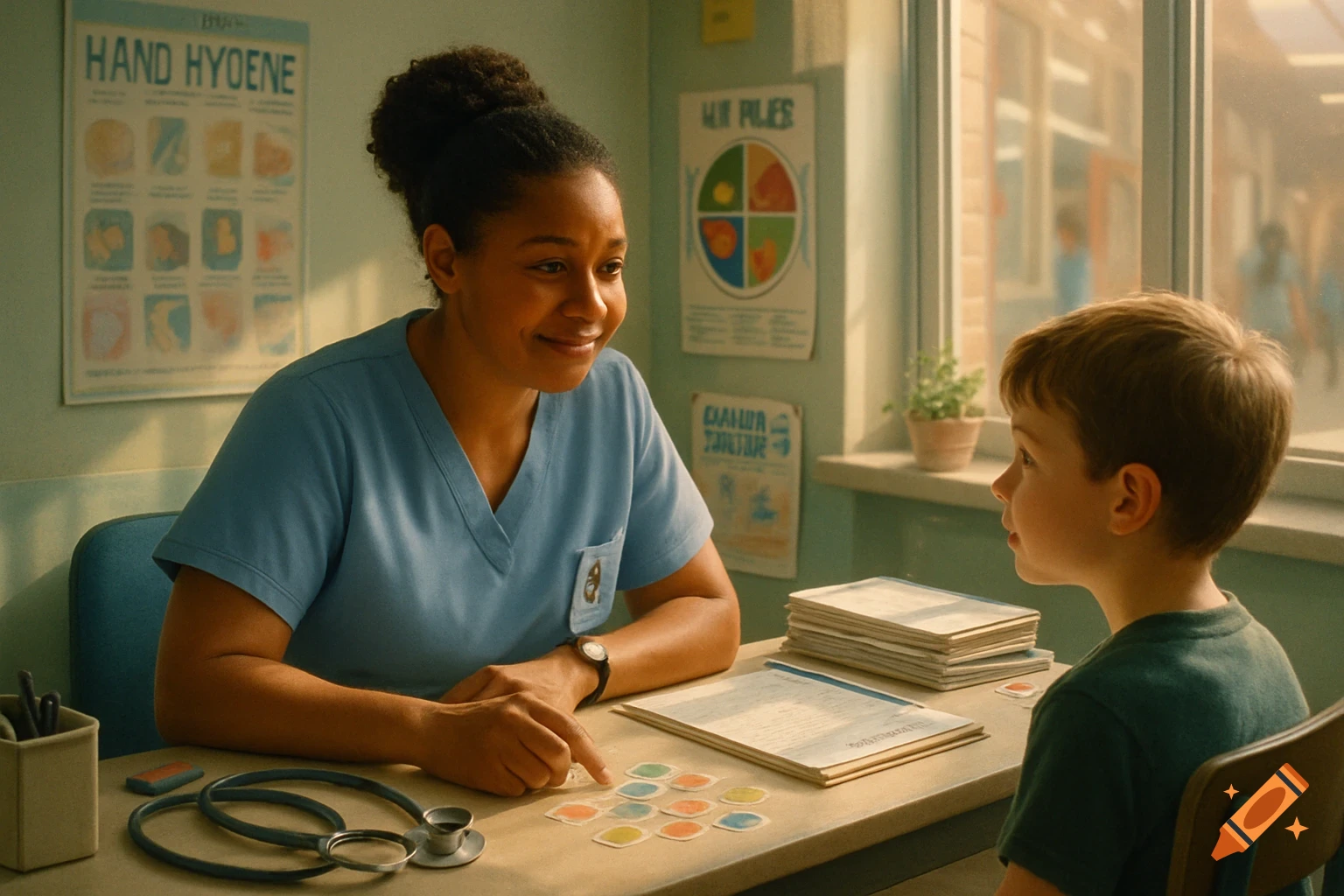 A photorealistic image of a smiling school nurse in blue scrubs interacting with a young boy in a clinic office.