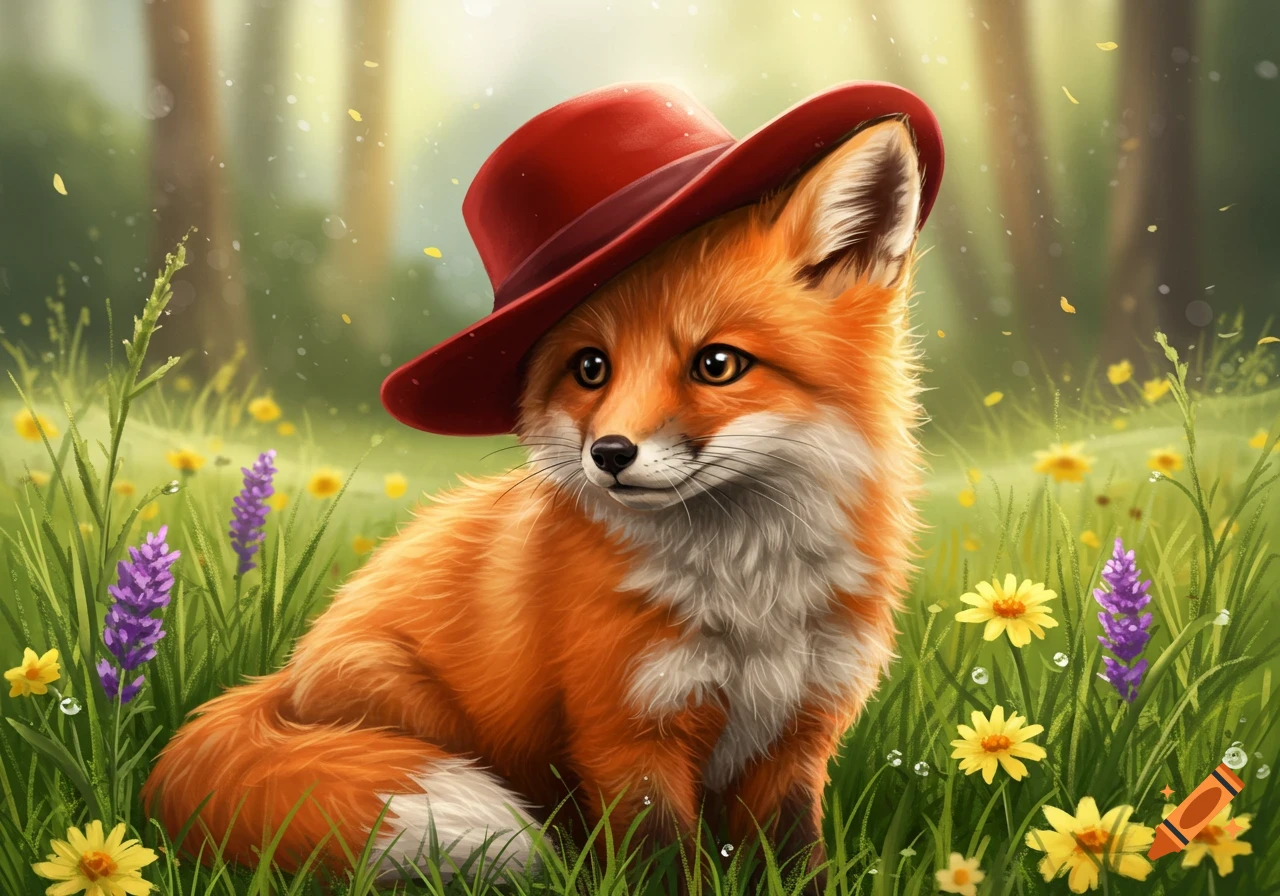A cute orange and white fox wearing a red hat sits in a sunny green field with yellow and purple flowers.