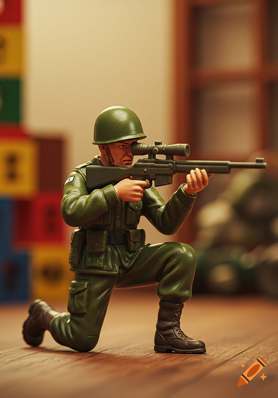 A close-up, photorealistic image of a green toy army man in a kneeling position, aiming a sniper rifle.