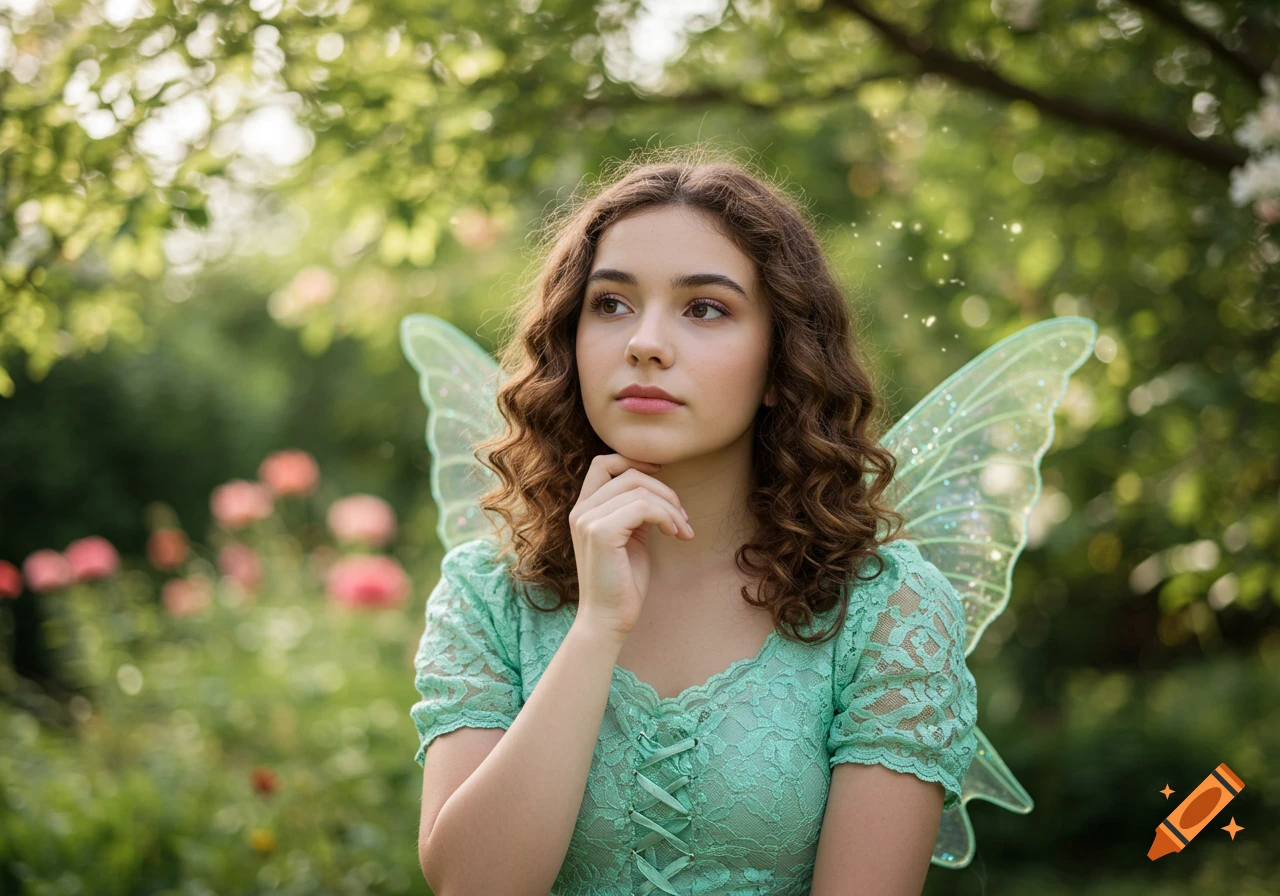 A teenage girl with curly hair and fairy wings wears a mint green dress in a lush garden, looking thoughtfully.