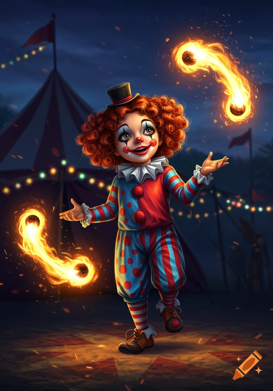 A whimsical clown with red curly hair and makeup juggles glowing fireballs under a night sky, with a circus tent in the background.