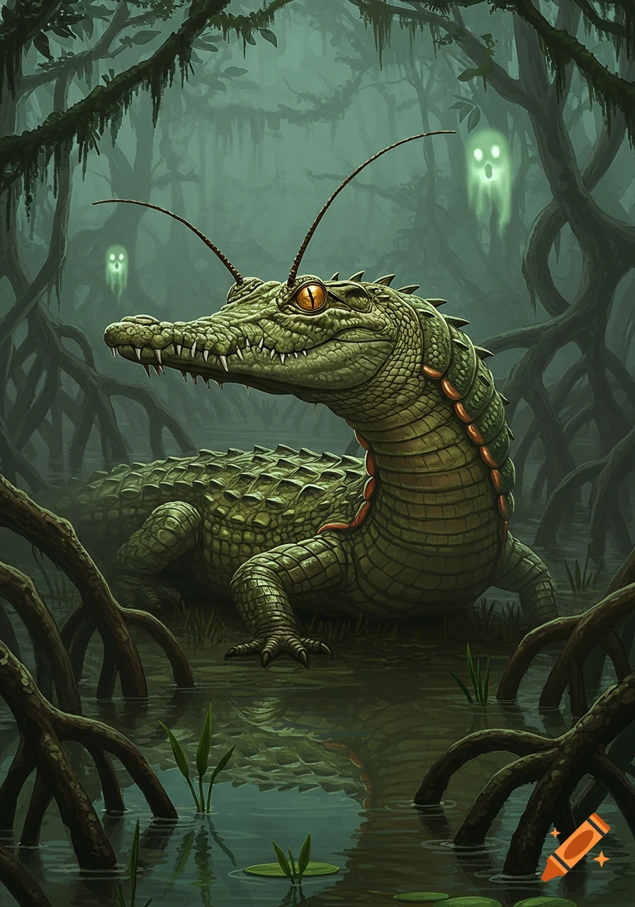 A detailed illustration of a green crocodile-cockroach hybrid with antennae and golden eyes in a misty, dark swamp with ghostly figures.