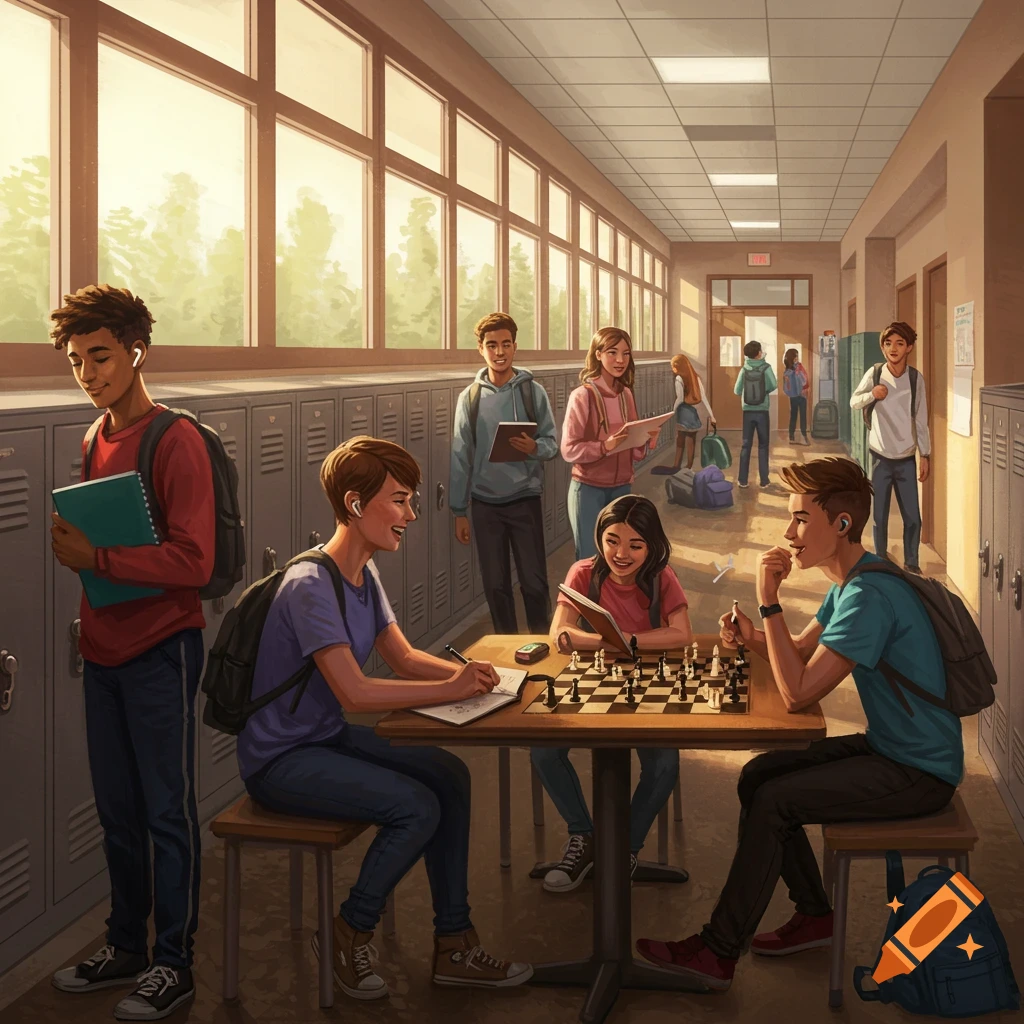 Students in a bright high school hallway, some playing chess at a table, while others walk or stand near lockers and large windows.