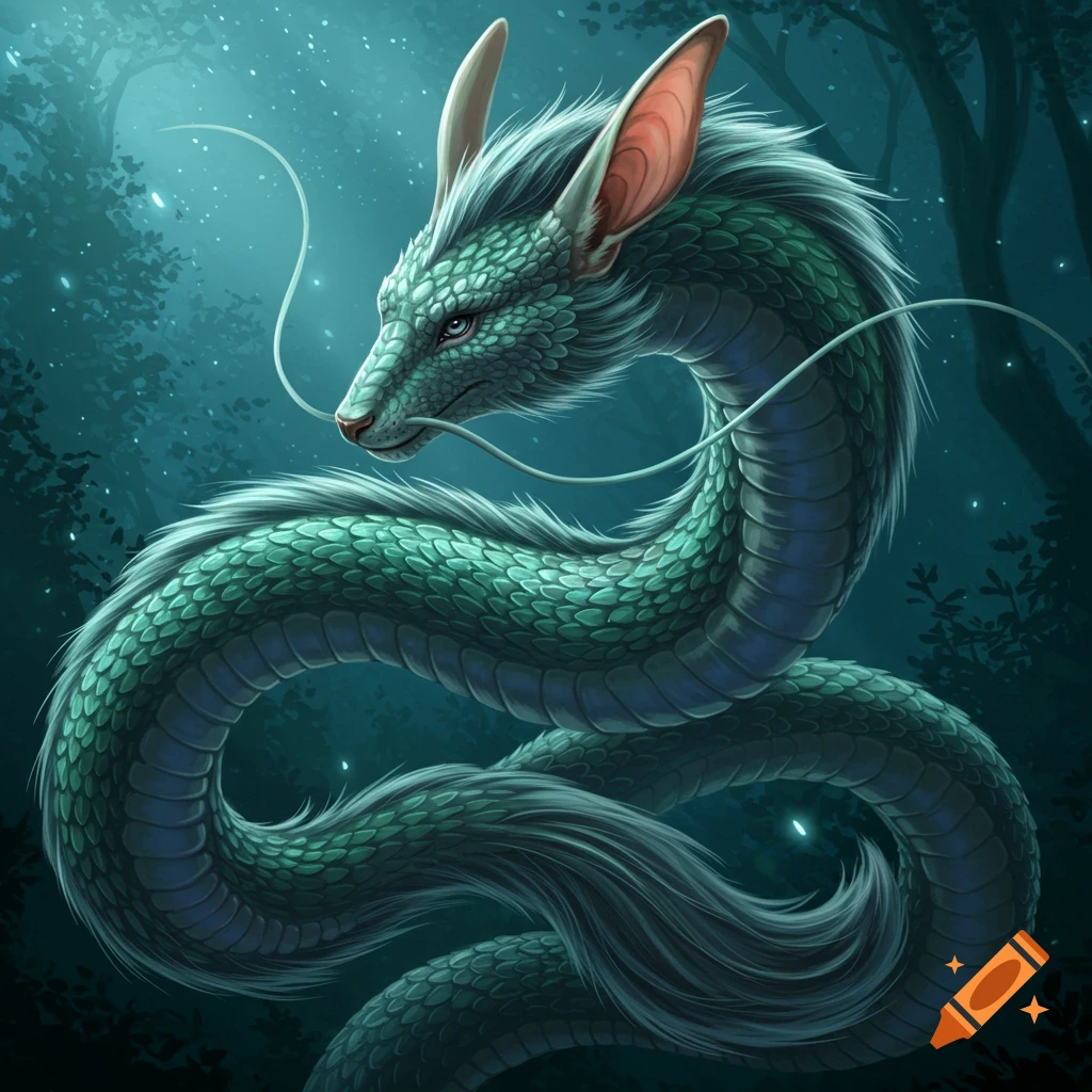A majestic green eastern dragon with bunny ears and a wolf-like tail in a mystical, glowing forest.