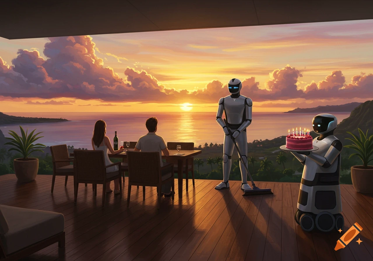 A couple dines on a Hawaiian lanai at sunset over Kaneohe Bay, while two robots assist, one sweeping and another serving a birthday cake.