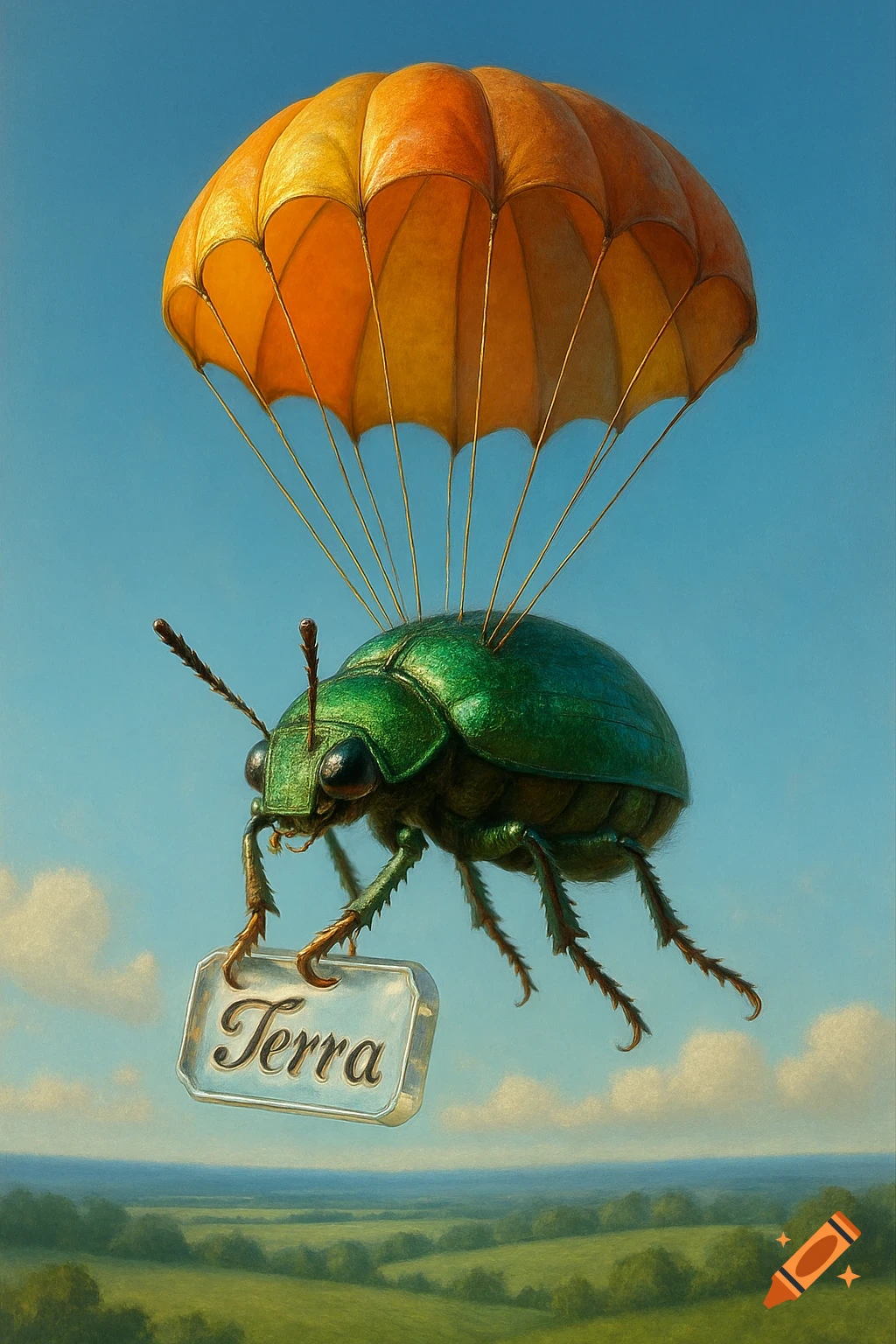 A vibrant green beetle descends from the sky using an orange parachute, holding a silver sign that reads "Terra" in its claws, above a green, hilly landscape under a blue sky.