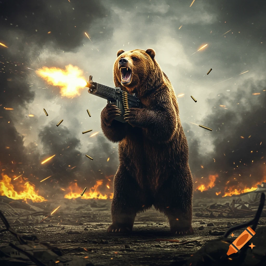 A photorealistic grizzly bear stands upright and fires a machine gun in a smoky, fiery battlefield with bullets flying.