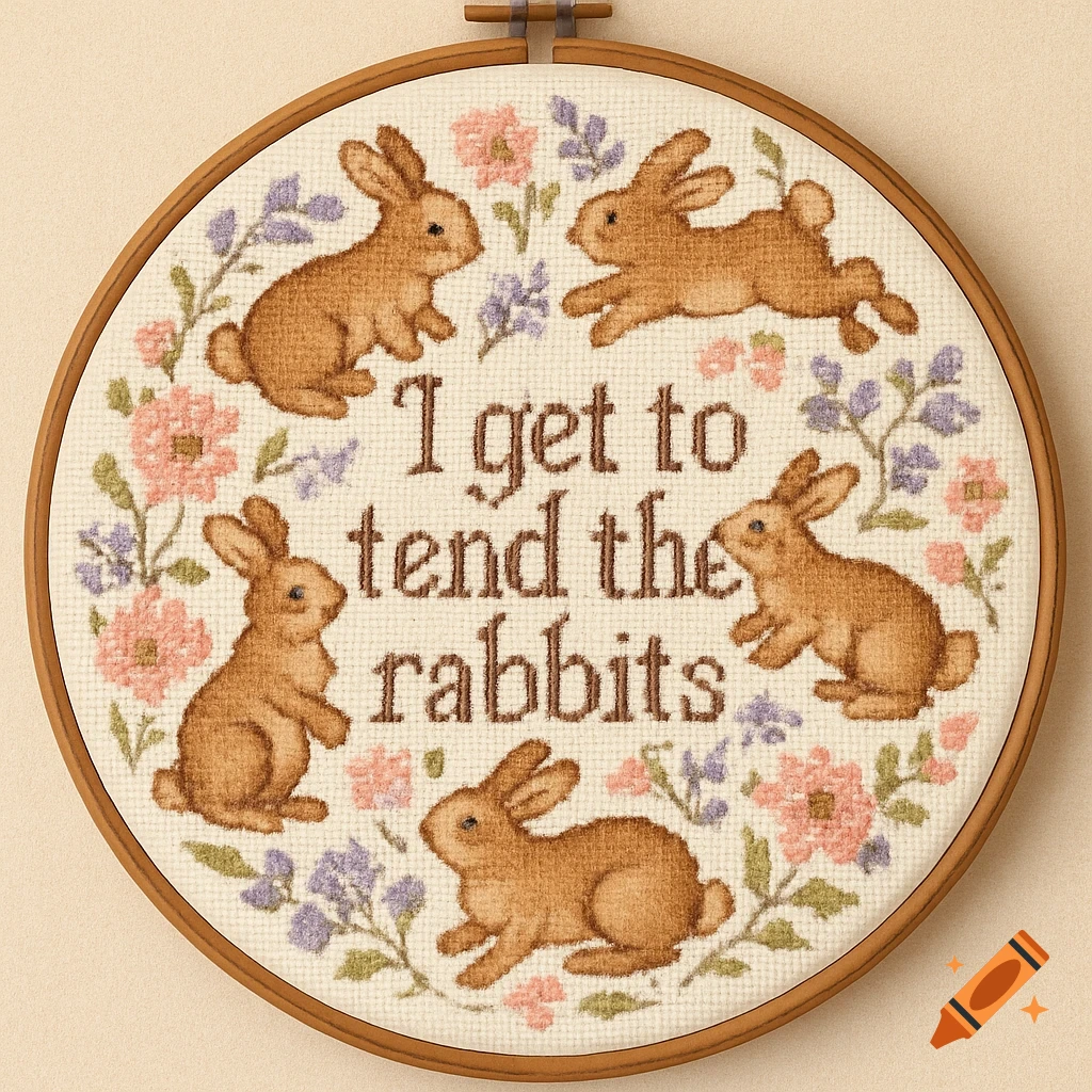Cross stitch in a wooden hoop showing brown rabbits, flowers, and the text 'I get to tend the rabbits'.