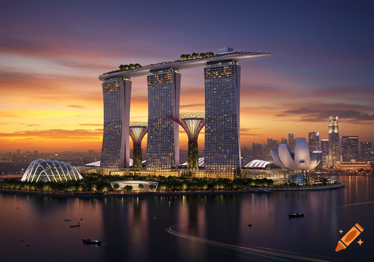 Photorealistic image of the Marina Bay Sands skyscraper complex and surrounding buildings at sunset, overlooking a body of water.