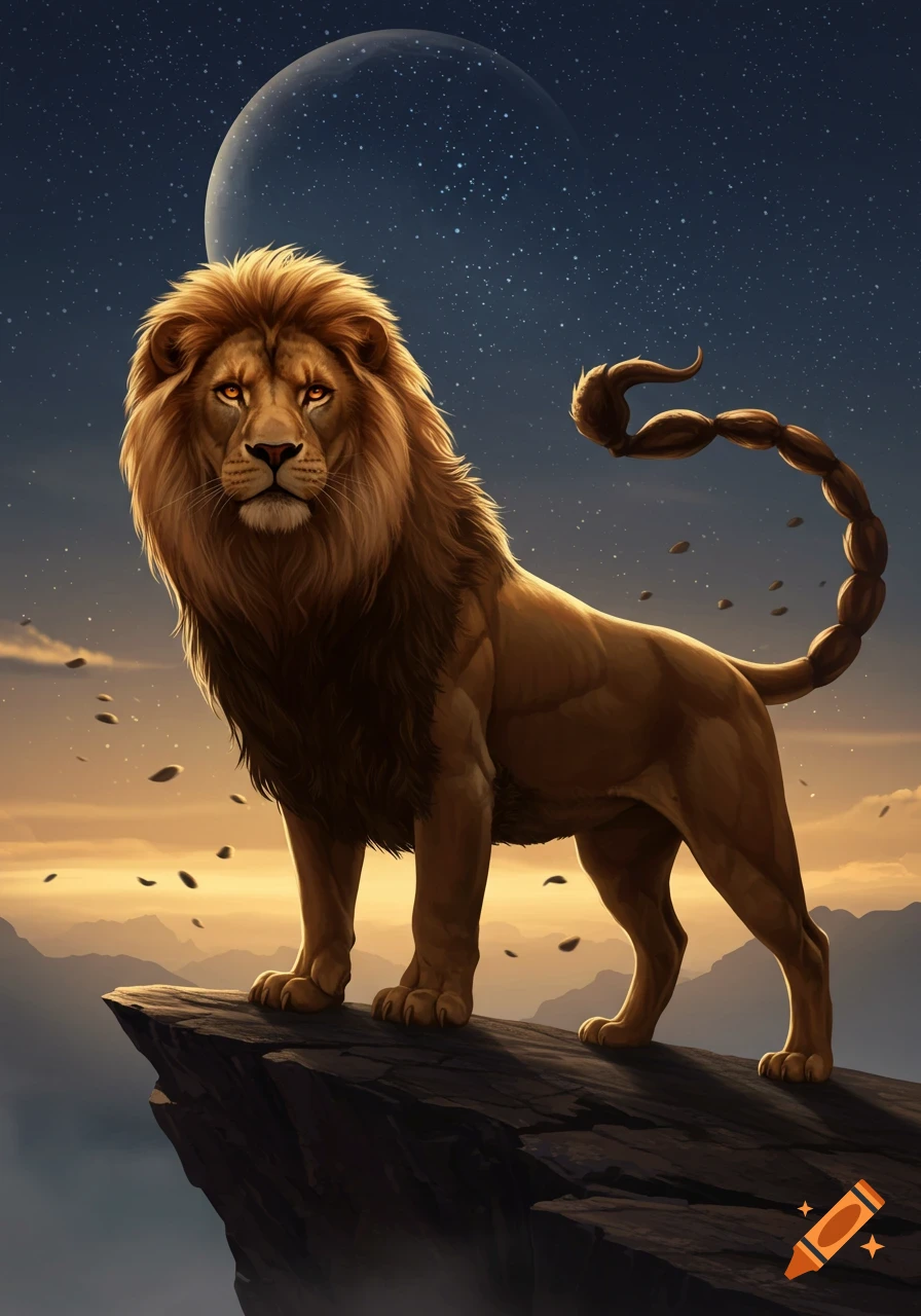 A majestic lion with a scorpion tail stands on a cliff under a starry night sky with a large moon.