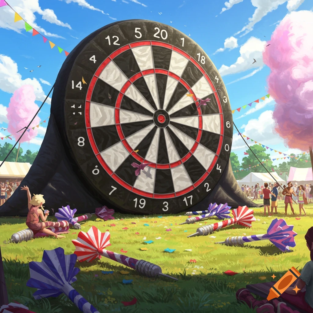 A giant inflatable dart board stands on a grassy field at a sunny outdoor festival, surrounded by oversized darts, confetti, and distant crowds.