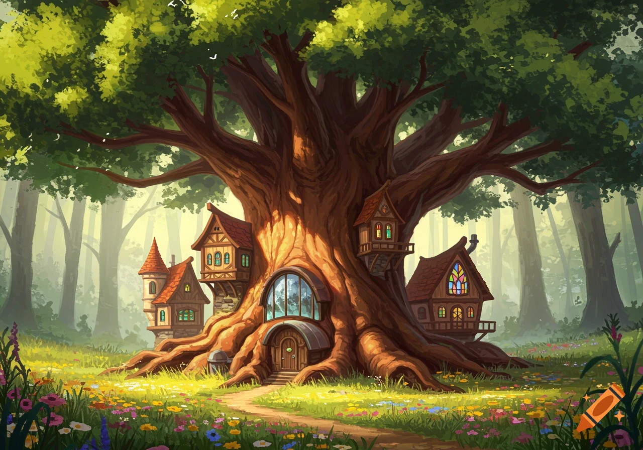 A whimsical giant tree with several small houses built into its trunk and branches, surrounded by a meadow of colorful wildflowers in a sunlit forest.