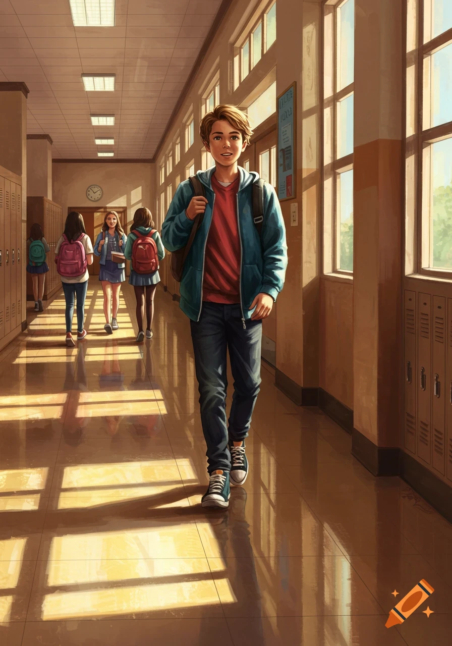 Teen boy walks down a sunlit school hallway with other students.