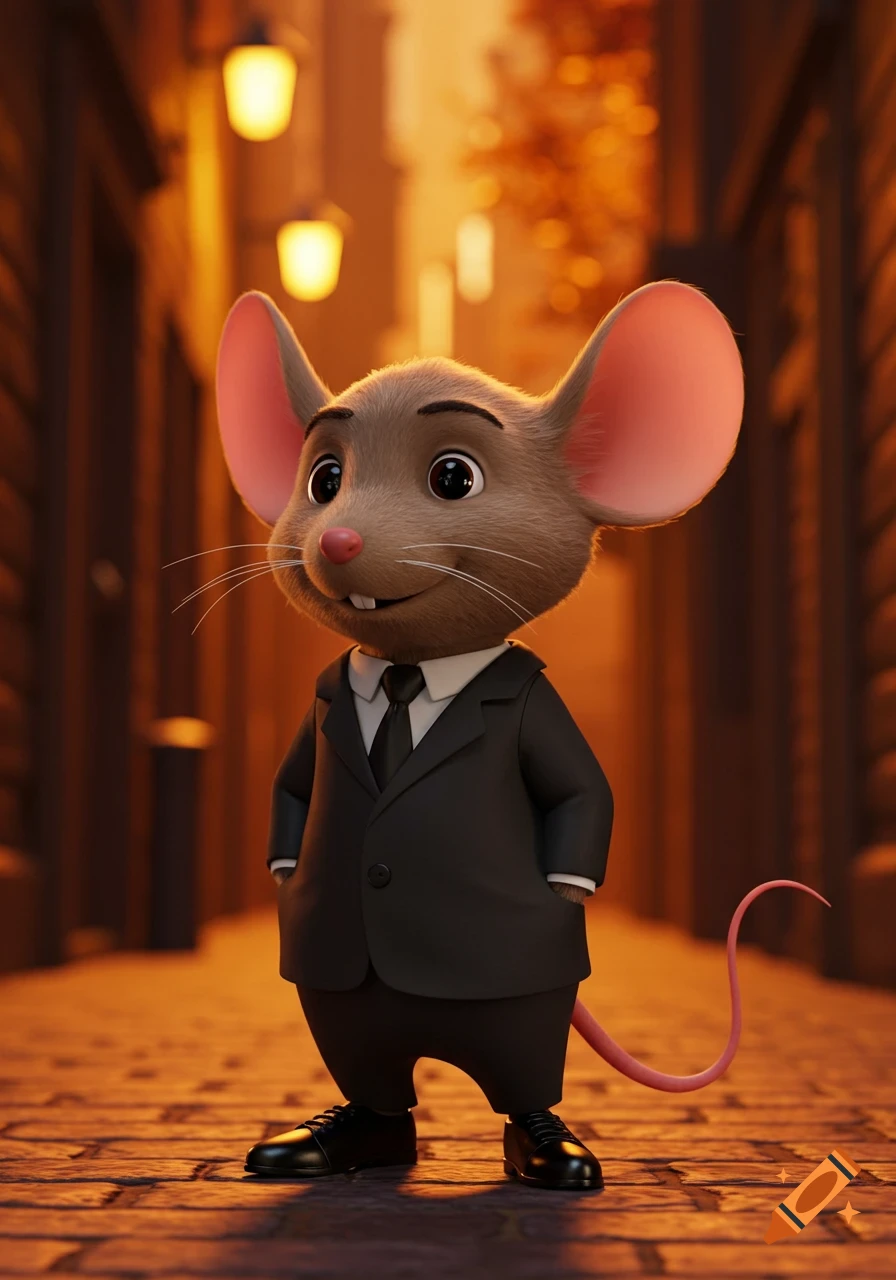 A friendly-looking cartoon mouse dressed in a black suit and tie stands in a cobblestone alleyway lit by warm streetlights.