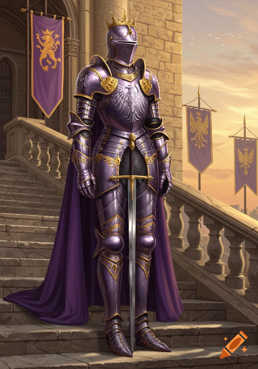 A purple and gold armored knight wearing a crown and a cape, standing on stone steps outside a castle with banners.