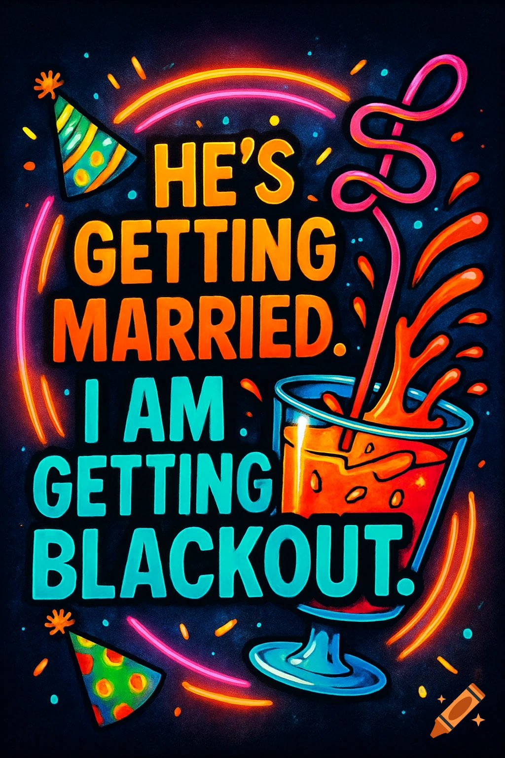 Vibrant neon graphic design with the text 'HE'S GETTING MARRIED. I AM GETTING BLACKOUT.', featuring a splashing cocktail, party hats, and neon lights.