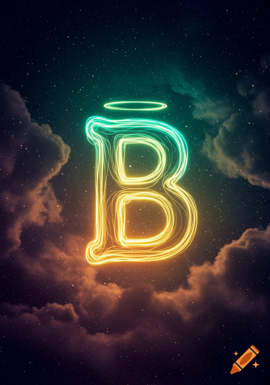 A glowing letter B with a halo in a starry night sky with clouds.