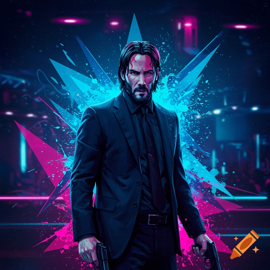 John Wick in a black suit holding two pistols against a vibrant neon blue and pink splatter background.