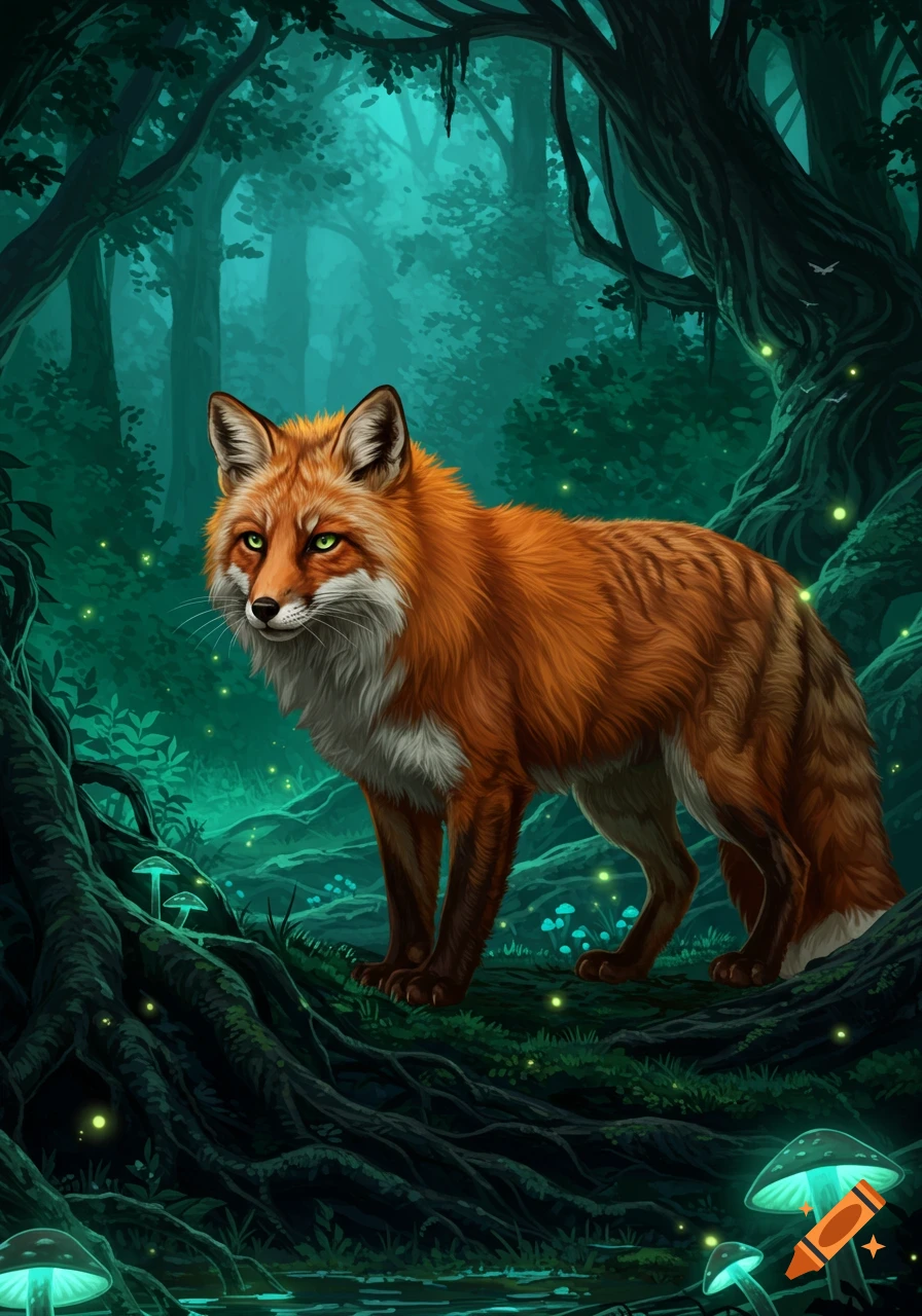 A vibrant orange and white fox with green eyes stands in a glowing, mystical forest with bioluminescent mushrooms and trees.