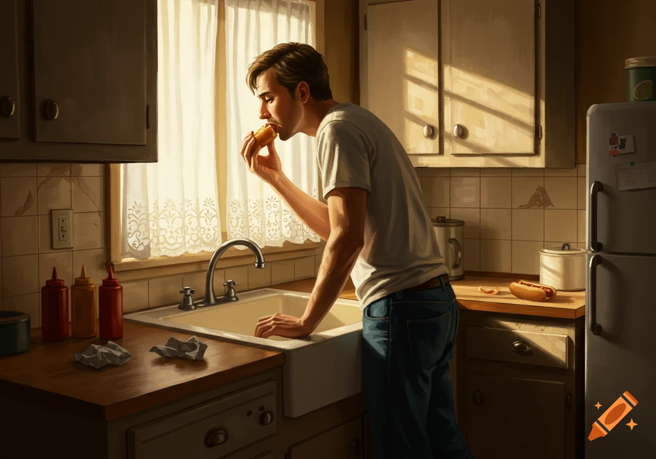 A man in a t-shirt and jeans leans over a kitchen sink, eating a hot dog in bright sunlight.