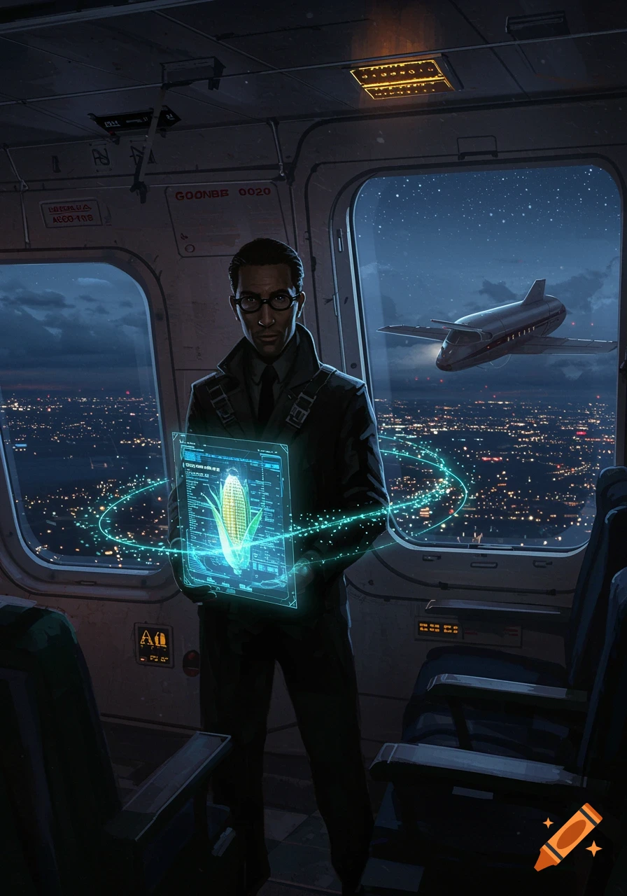 A man in a trench coat and glasses stands in a futuristic airplane, holding a glowing holographic tablet displaying a corn cob. Outside the window, a city skyline and another plane are visible at night.