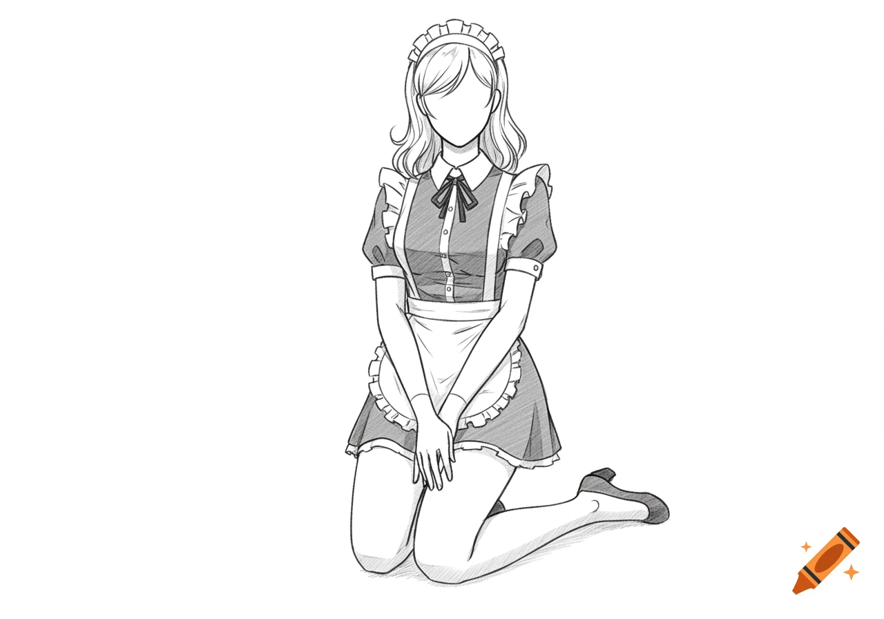 Pencil sketch of a kneeling mannequin in a maid uniform with no facial features, on a white background.