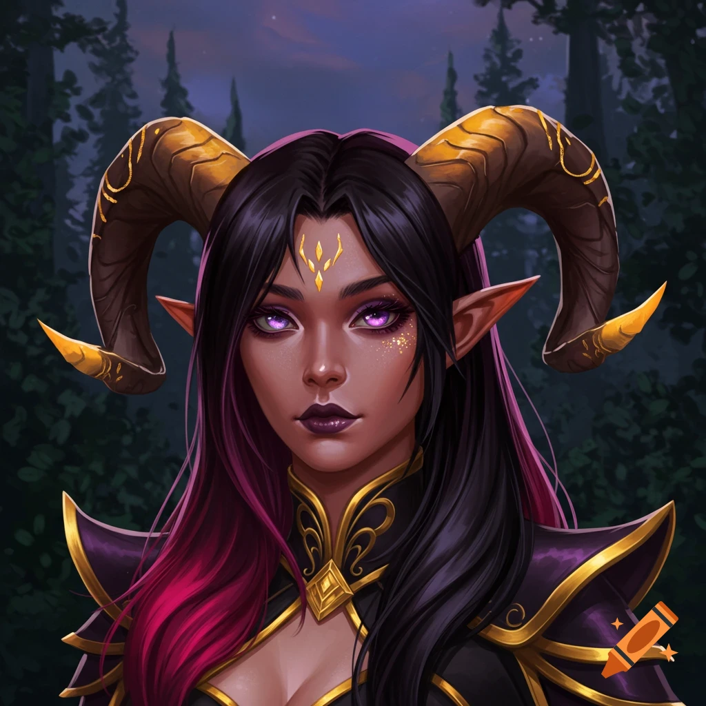 A close-up digital painting of a female Tiefling with dark skin, purple eyes, black and magenta hair, and golden horns, wearing black and gold armor.